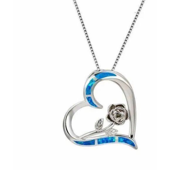 Blue OPAL ON SILVER HEART ROSE NECKLACE - Picture 2 of 6